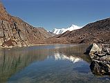 To Gokyo 3-5 First Gokyo Lake Longpanga And Cho Oyu Cho Oyu glistened white at the end of the valley from Longpanga (4650m), the first of five Gokyo lakes,